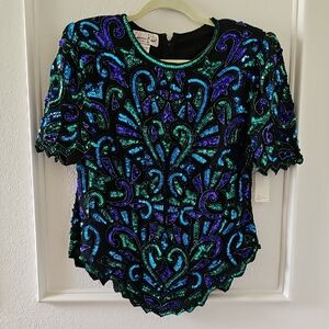 SILK EMBELISHED SEQUENED VINTAGE BLOUSE. | LAURENCE KAZAR NEW YORK